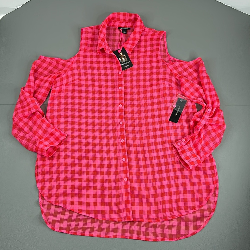 I Heart Ronson Open Shoulder Plaid Button Down Blouse Pink Long Sleeve New
